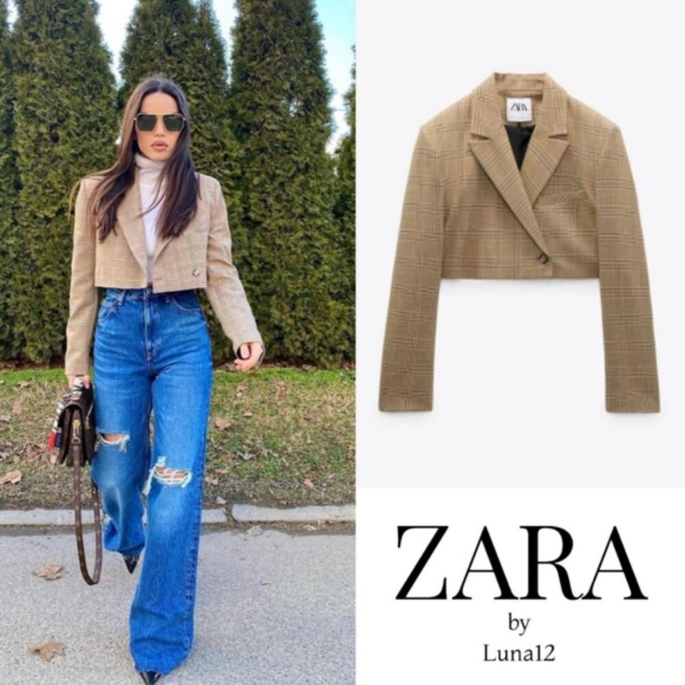 Zara‎ | NEW Plaid Houndstooth Cropped Jacket XS European Chic Boxt Office Fall